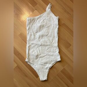 Raised By Water One Shoulder Ribbed Tank Bodysuit White Cotton Spandex Medium